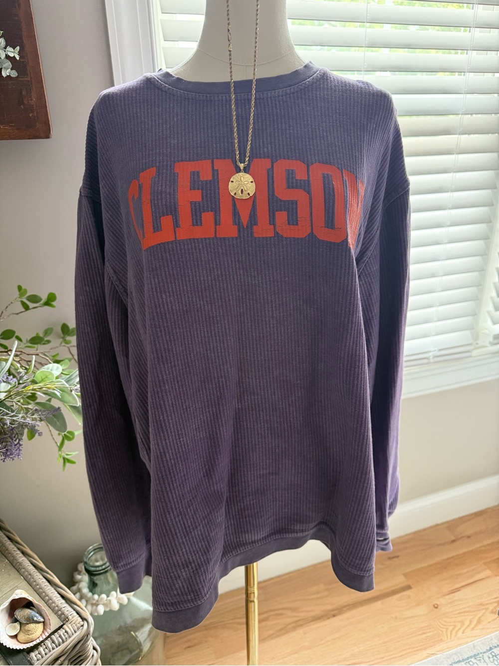 Pressbox Purple Corded Crewneck with Orange 'CLEMSON' Lettering
